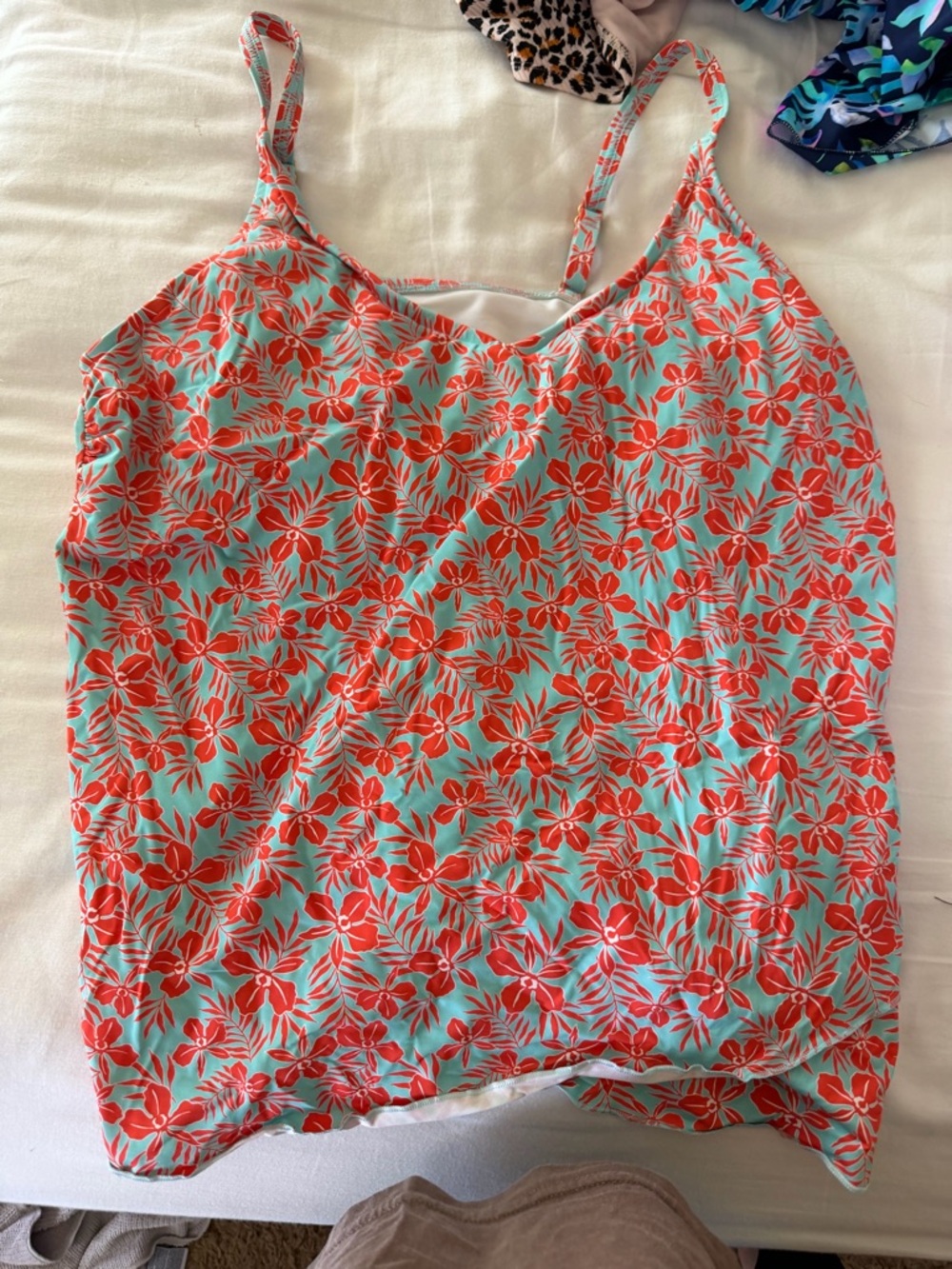Lands End Women’s Floral Spaghetti Strap Tank Top - Coral Floral on Aqua